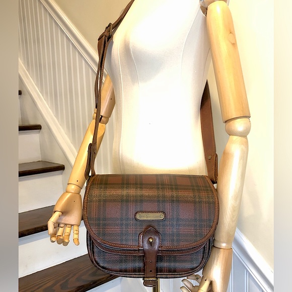 W RALPH LAUREN Brown Tartan Plaid Multi Pocket Tote Crossbody Shoulder Bag - Picture 12 of 17